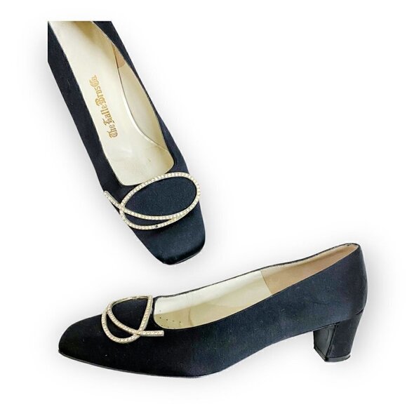 60s Roger Vivier Vintage Black Square Toe Pumps with Rhinestone ornaments, 5 1/2 - Picture 1 of 12